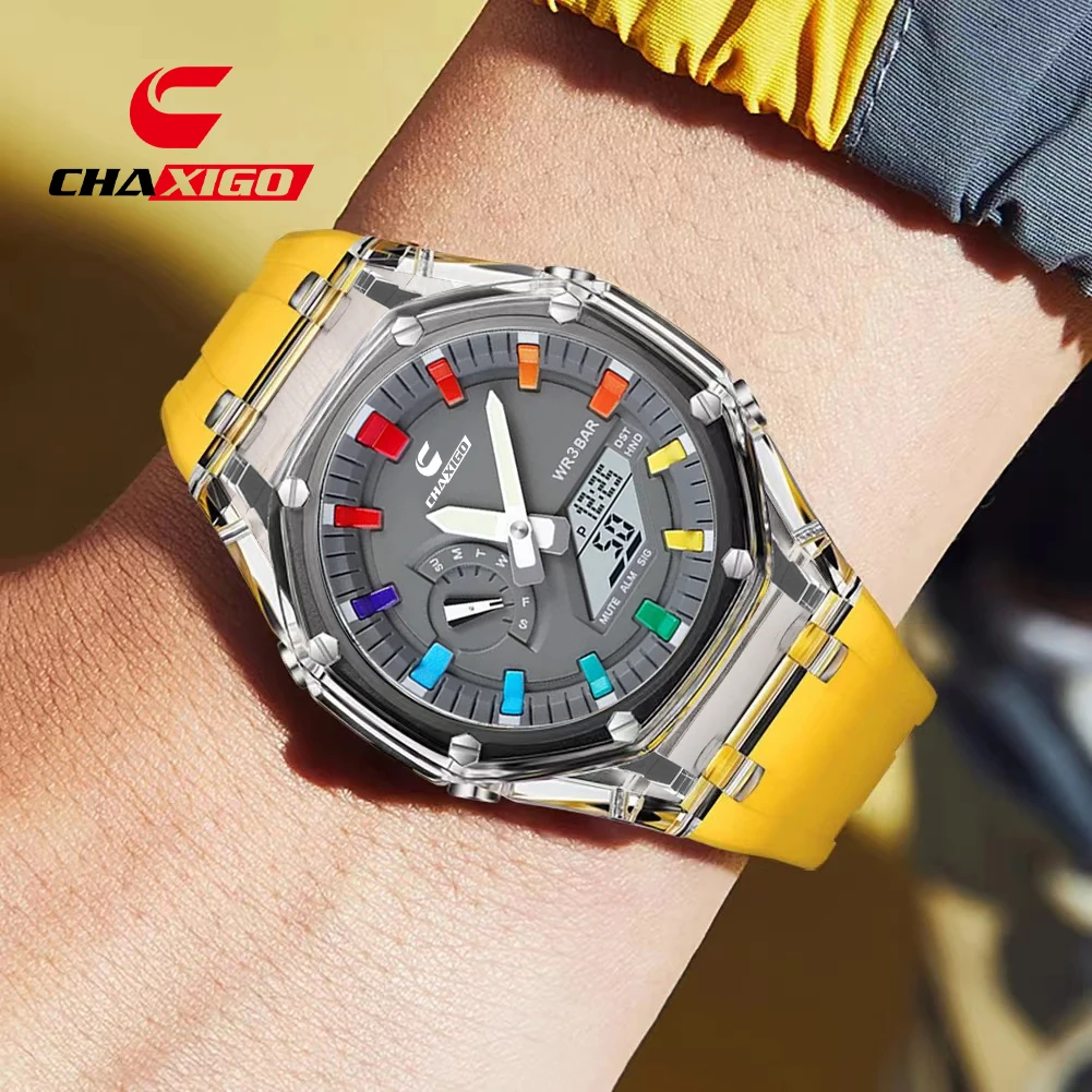 

CHAXIGO Digital Sport Silicone Strap Watch, 45mm Clear Color Case, 30m Water Resistance, Electronic Movement, Backlit Hands
