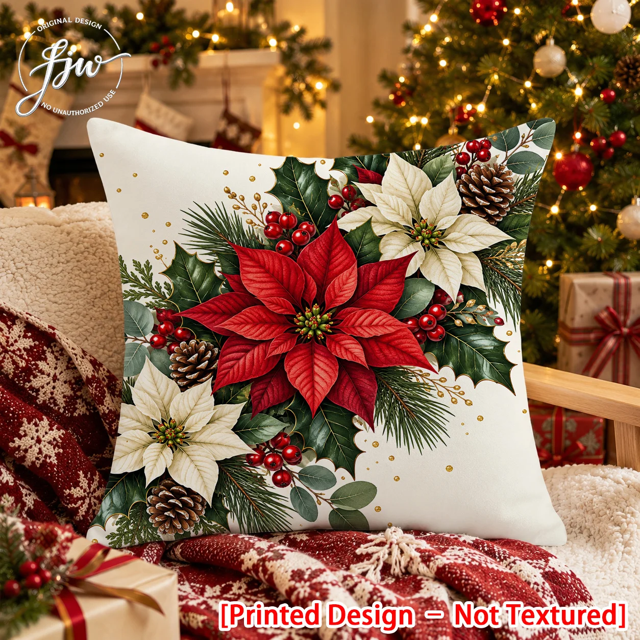 1pc Poinsettia Christmas Atmosphere Pillowcase Cushion, Featuring a Flat 2D Printing Process, a Light-toned Decorative Pillowcas