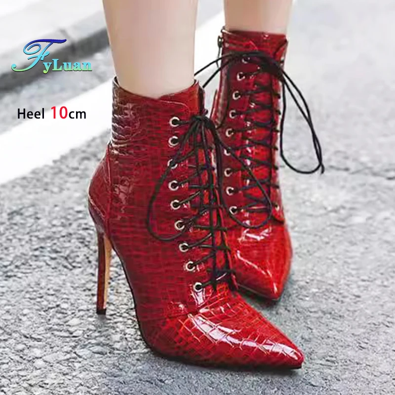 

Botas Mujer на шпильке 12 см, модные ботильоны на шнуровке с острым носком, женская обувь в римском стиле, осенне-зимние женские короткие ботильоны с тиснением