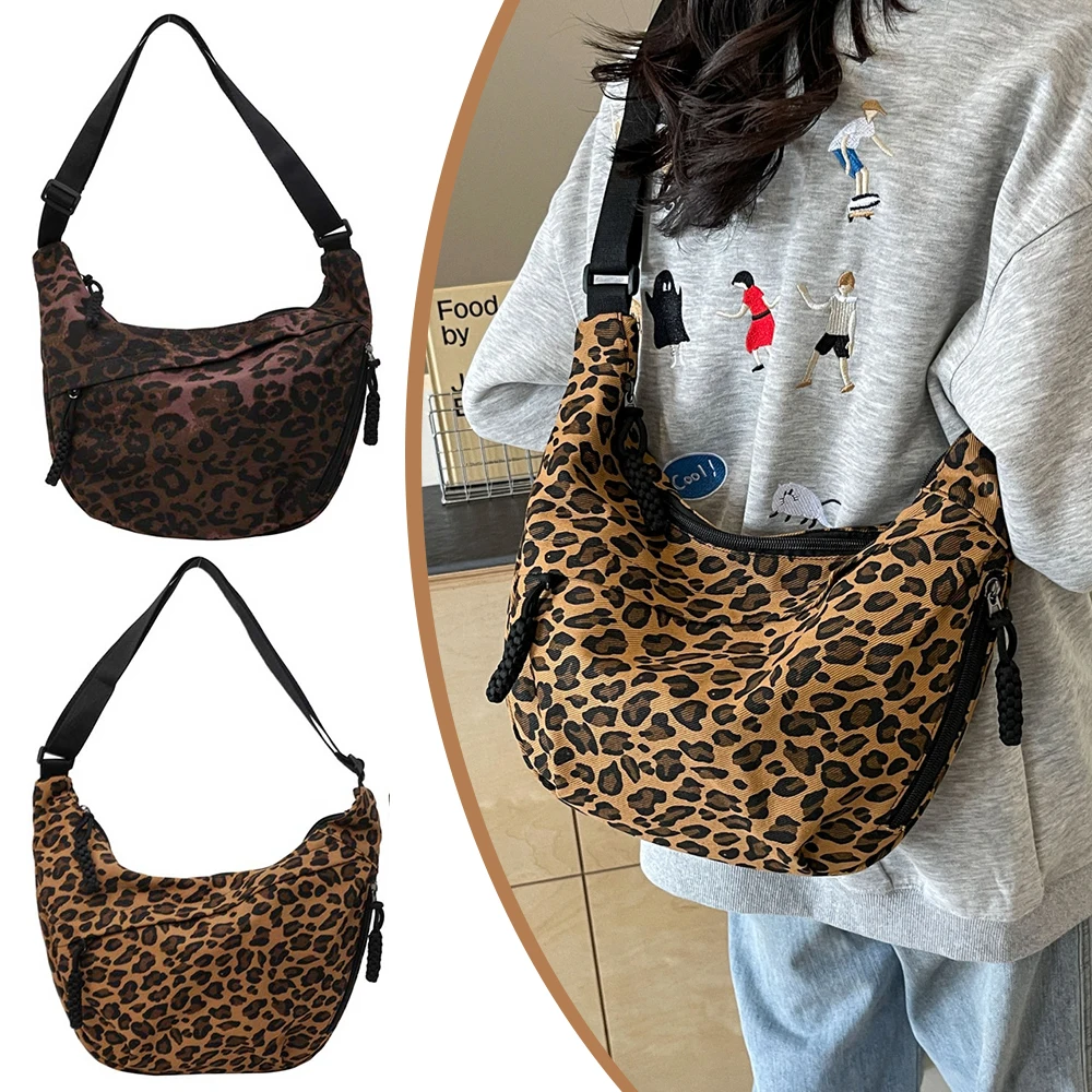 Women Hobo Sling Bag Large Capacity Leopard Print Crescent Crossbody Bag Adjustable Strap Daily Messenger Bag Simple Satchel Bag