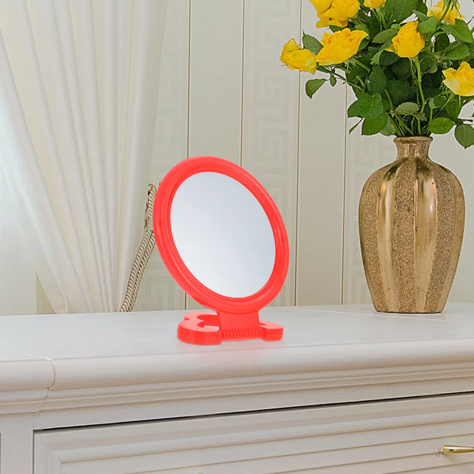 مرآة مكياج حمراء عتيقة، مرآة مضمد ممتازة على سطح الطاولة مع قاعدة ثابتة لتزيين جدران غرفة النوم والحمام #5