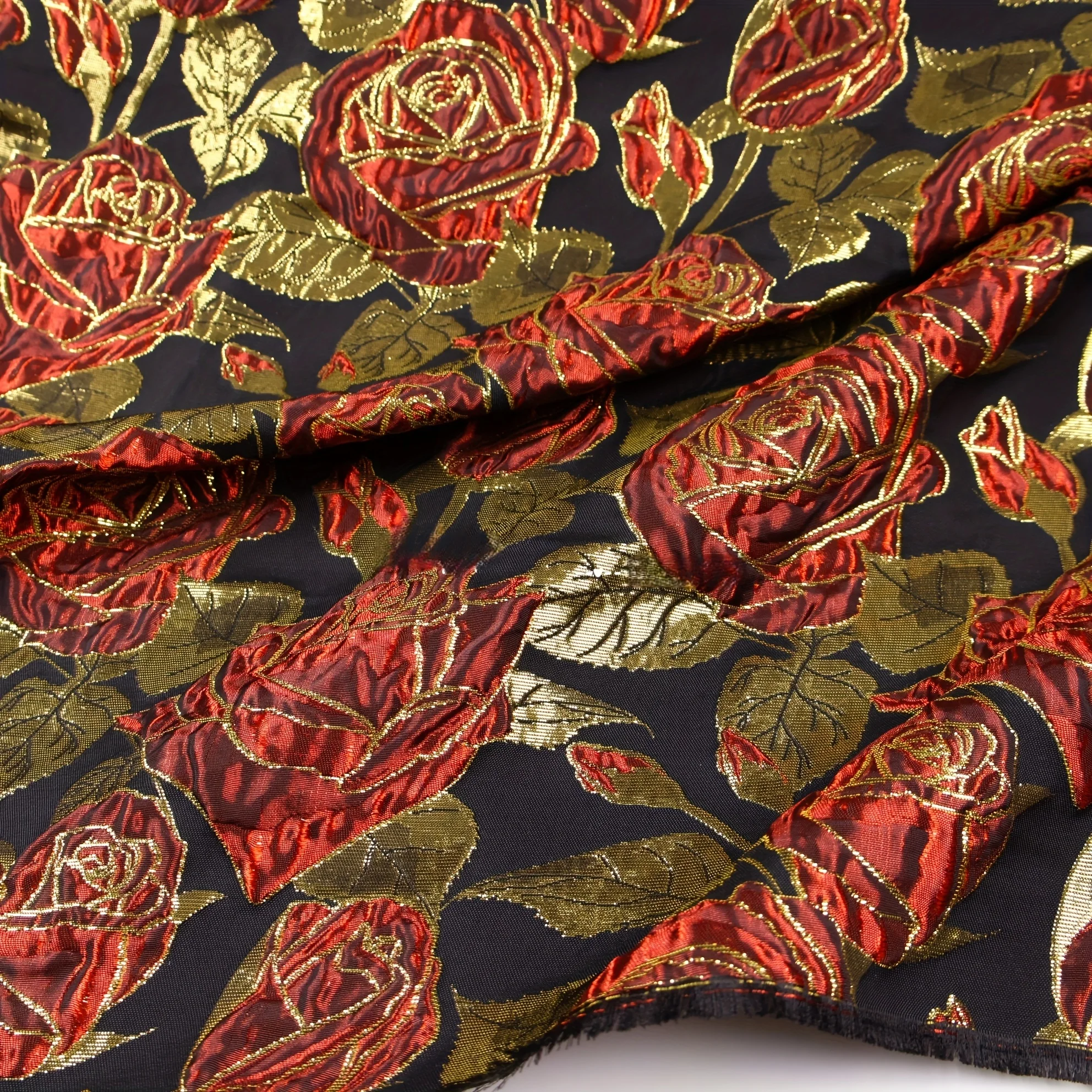 2 Yards of Glossy Silhouette Black Background Jacquard Fabric with Large Rose Pattern for Dress or Cheongsam Designer Fabric