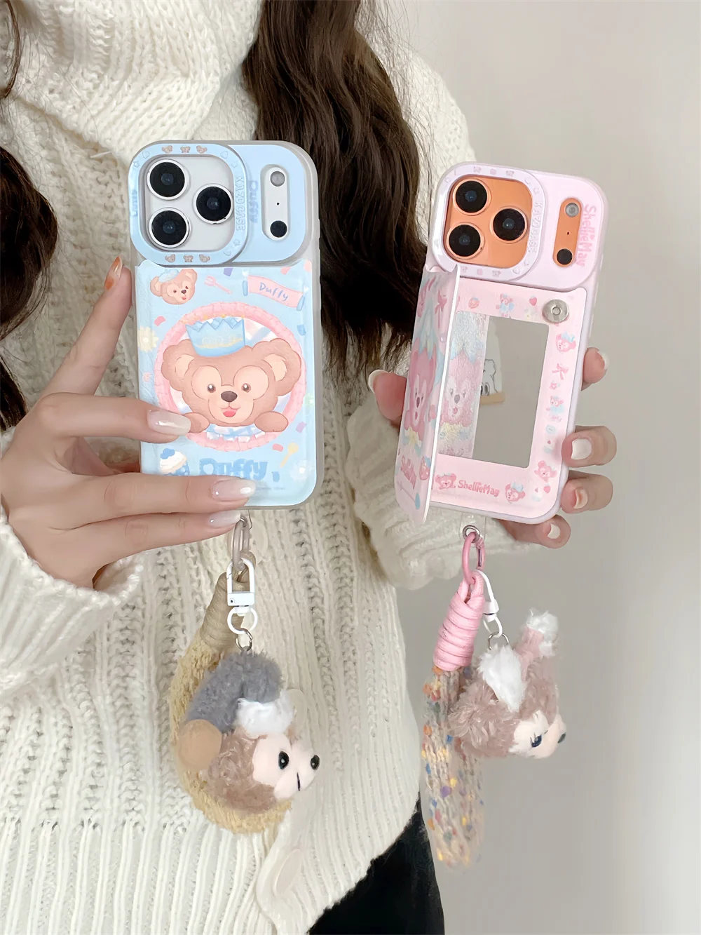 

Cute Star Bear Flip Mirror with Card Holder Phone Case for iPhone 16 15 14 Pro Max 17 Pro Cover with Plush Pendant Cartoon Capa