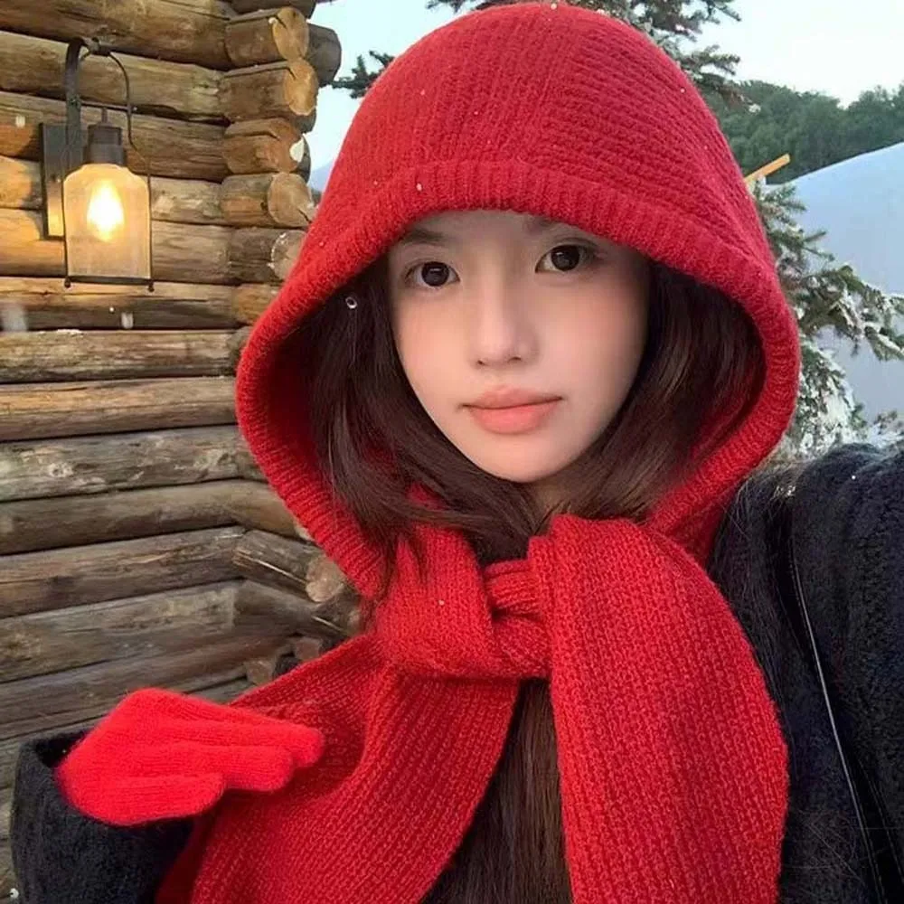 

Acrylic Fibers Knitted Hooded Cap Soft Ear Protection Neck Collar Beanies Cap Thickened Solid Color Winter Neckerchief Hat Men