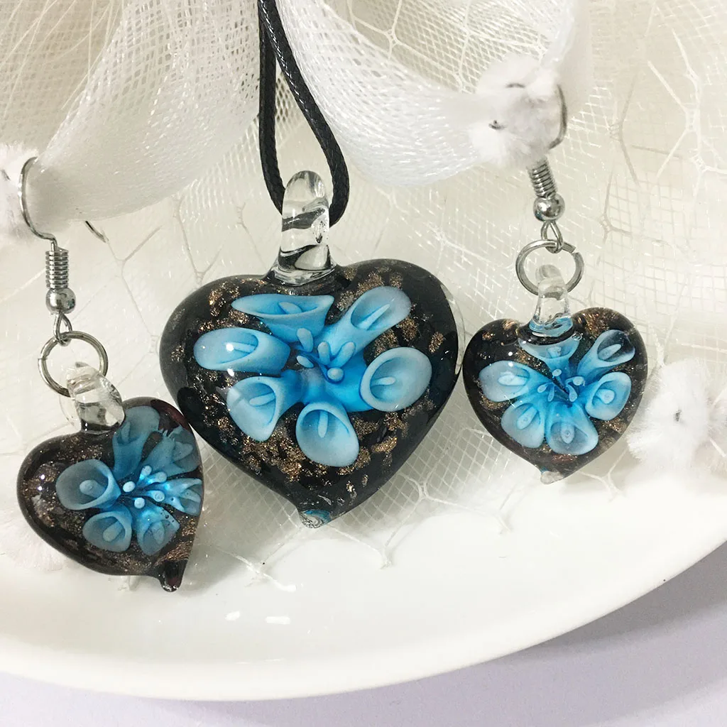 Handmade Painted Heart-Shaped Glass Jewelry Set - Pendant Necklace And Earrings for Women