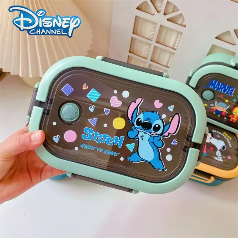 Fiambrera Disney Stitch con estampado de dibujos animados para microondas, almacenamiento de almuerzo portátil, cuchara para verduras, tenedor, caja Bento sellada para conservación de alimentos