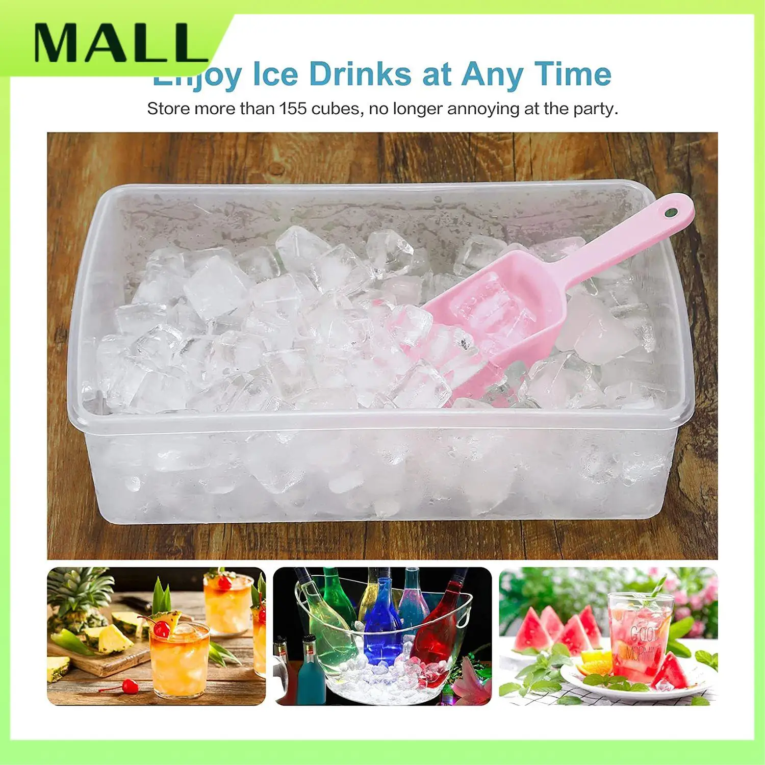 صينية مكعبات الثلج MALL مع غطاء وصندوق تخزين، صينية ثلج 55 سهلة الإصدار مع غطاء مقاوم للانسكاب، حاوية، مغرفة