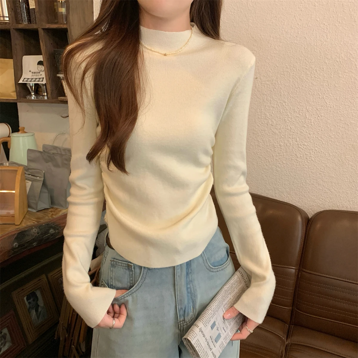 محبوك سترة المرأة البلوفرات الجديدة طويلة الأكمام وهمية الرقبة أضعاف متماسكة سترة البلوز المرأة بلايز البلوزات Sueters De Mujer Q1531 #2