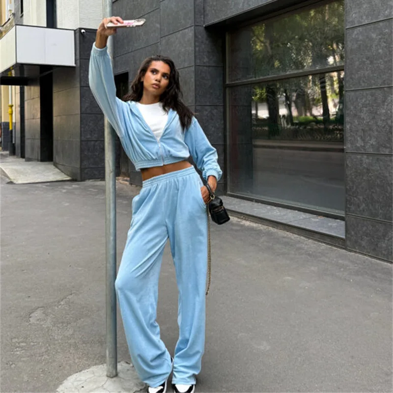 Elegantes Samt-Set für Damen, langärmelig, hohe Taille, weites Bein, Hose, zweiteiliges Outfit, Street-Style, zeitloser Mode, sportlicher Look