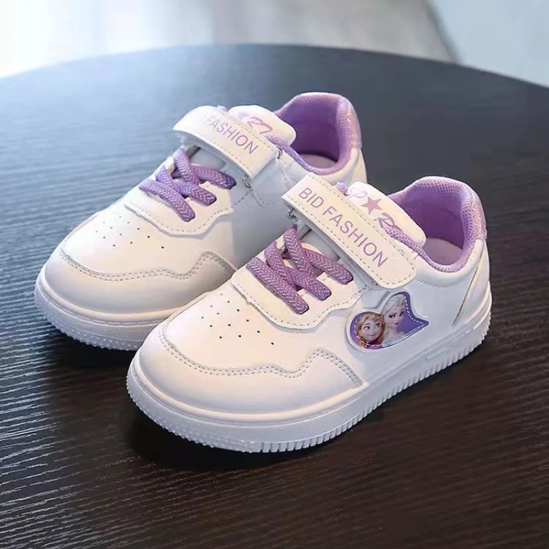 Disney Children\'s Casual Shoes White Frozen Priness Elsa Anna Flats Purple Pink Light Running Soft Soles Fashion Brand Shoes