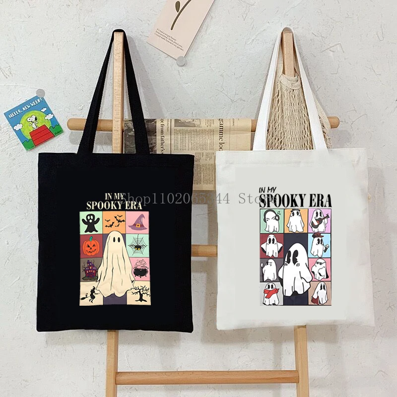 In My Spooky Era Print Tote Bags Women Men Vintage Halloween Ghost Canvas Shopping Bag Teen Hip Hop Spooky Season Shoulder Bags