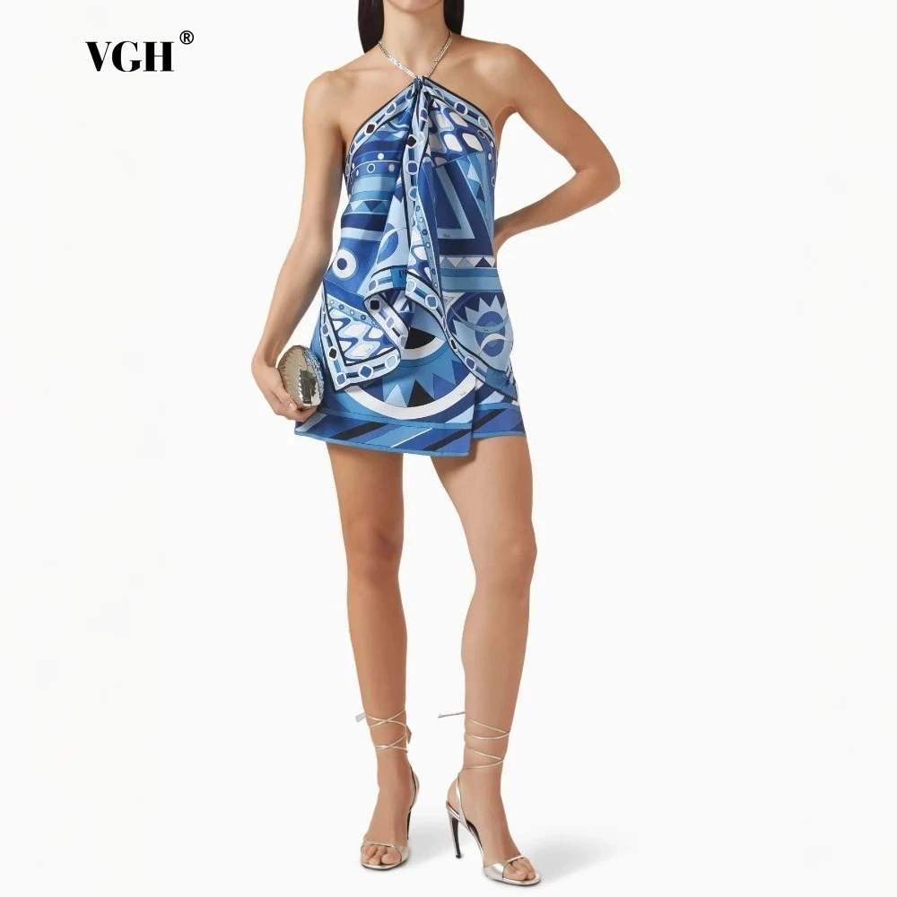 VGH Daily Street Style Blue Print Neckholder-Tanktops aus Satin für Damen, ärmellose Weste mit asymmetrischem Saum für den Strandurlaub