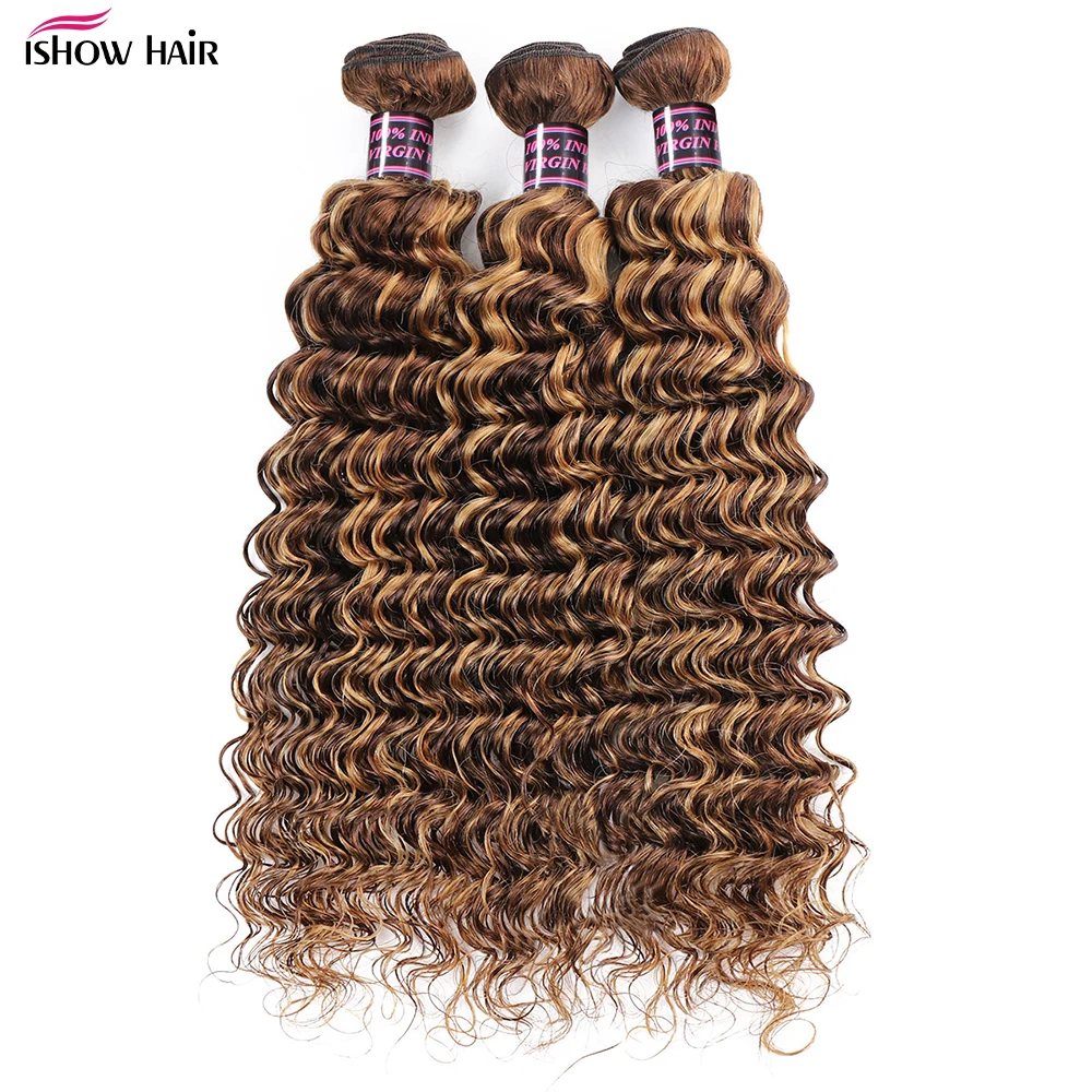 Ishow Highlight Deep Wave Bundles P4/27 Ombre Brown Human Hair Bundles 1/3/4 PCS Brazilian Remy Human Hair Extensions For Women