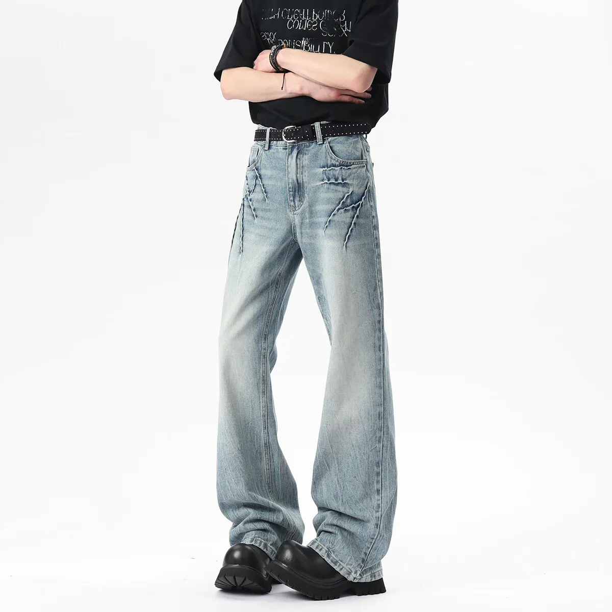 2024 New Bootcut Jeans men Vintage Washed Distressed Wrinkle Crinkle Design Comfort Women Men Fashion Denim man Trousers