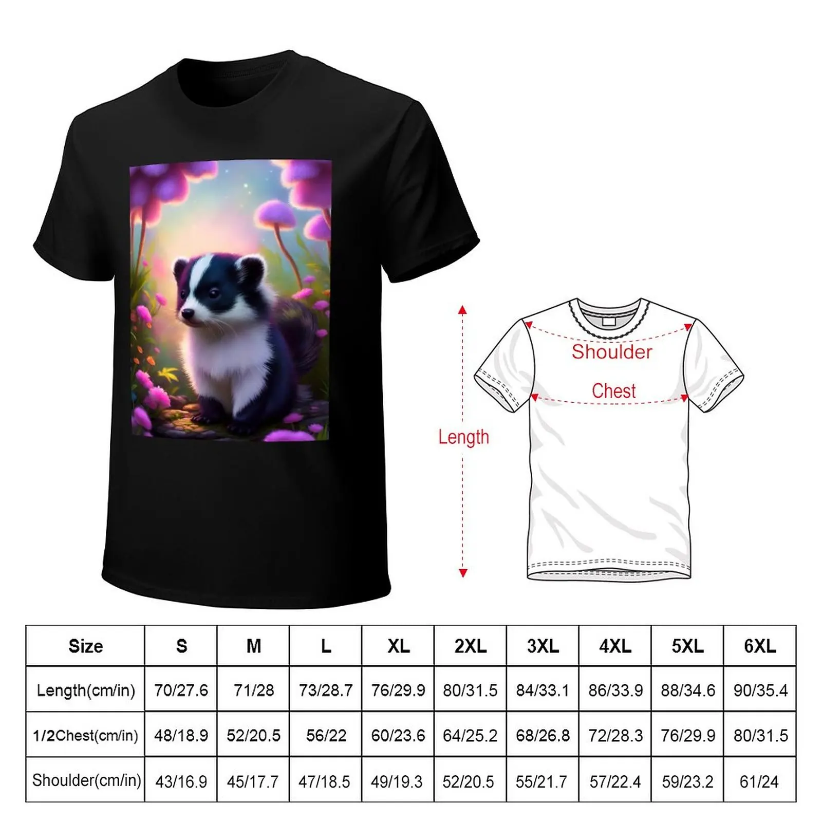 Baby skunk sitting in the forest surrounded by flowers T-Shirt summer clothes funny t shirt plain t-shirt mens cotton t shirts