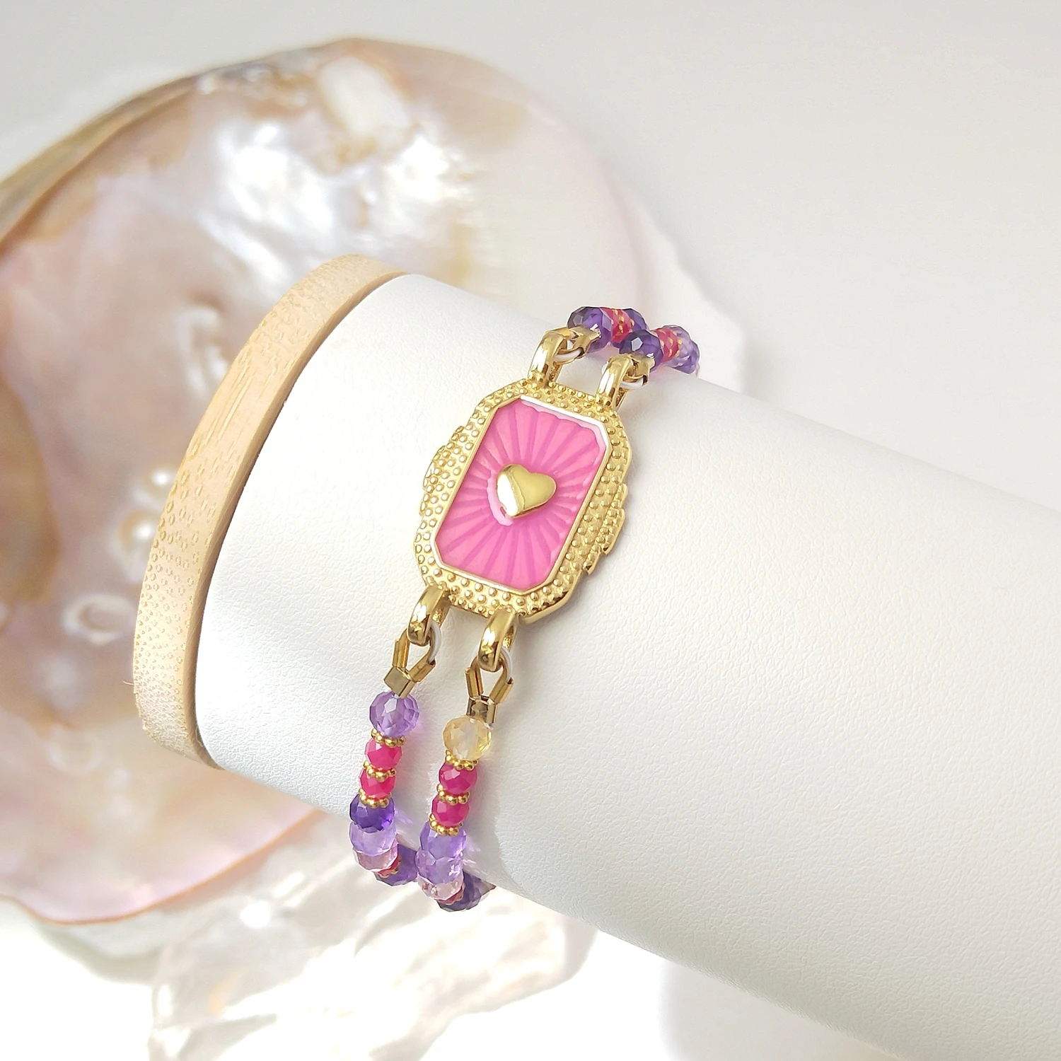 Lii Ji Natural Ametrine 4mm With Lab-created Ruby Beaded Stainless Steel Bracelet 18+3cm Handmade Fashion Jewelry
