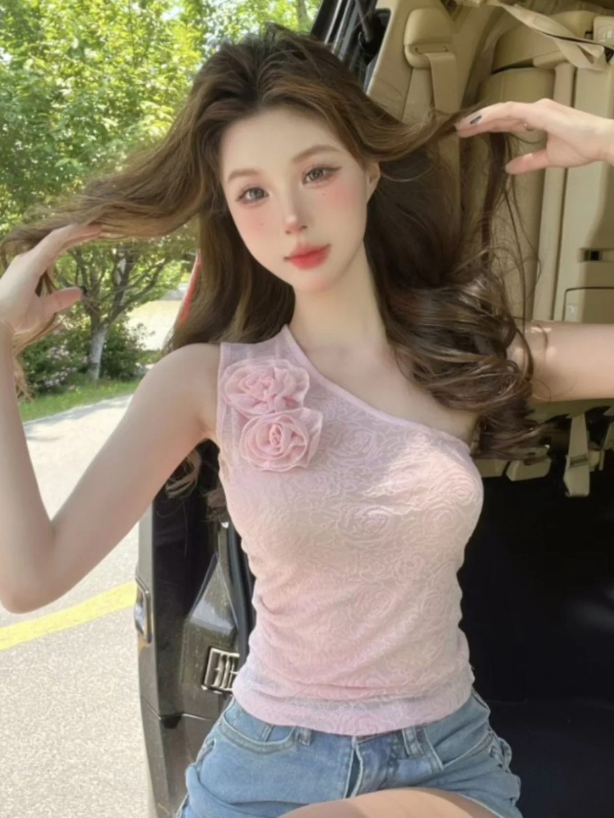 

Summer Slim Fit Floral Strap Vest Women's Outerwear Sweet Spicy Pink Sleeveless Versatile Cool Top Nicole Rose Brand Polyeste...