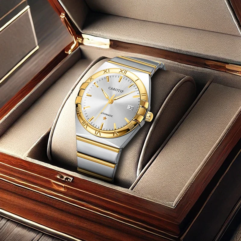 

Мужские автоматические механические часы со стильным и элегантным созвездием и золотым стальным ремешком.