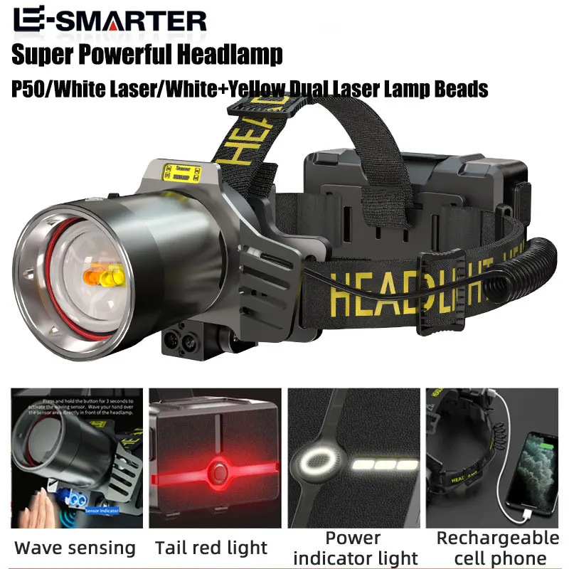 Super Powerful Sensor Headlamp Dual Laser Rechargeable Head Flashlight Outdoor Fishing Adventure Camping Induction Headlight