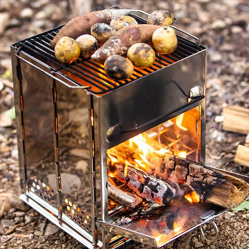 

Outdoor Stainless Steel Grill Folding BBQ Wood Stove Camping Heating Charcoal Grill Barbecue Supplies BBQ Tools