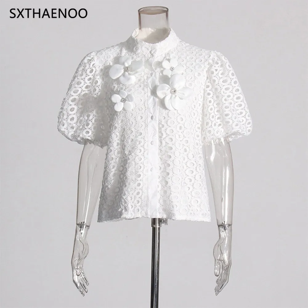 SXTHAENOO Hollow Out Patchwork Appliques Shirts For Women Lapel Puff Sleeve Spliced Single Breasted Slimming Blouses Female 2025
