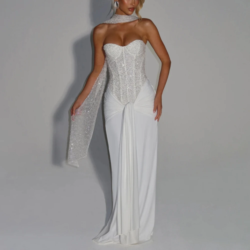 

Luxury Prom Dress with Scarf Sequin Sweetheart Neck Column Party Gowns Floor Length Backelss Straight Evening Dresses Customized