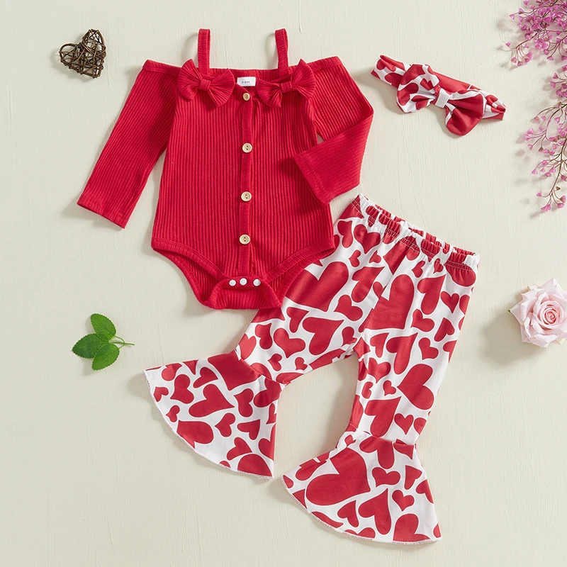 

Baby Girls Fall Clothes Outfits Cold Shoulder Long Sleeves Romper and Heart Print Flared Pants with Headband 3 Piece Sets