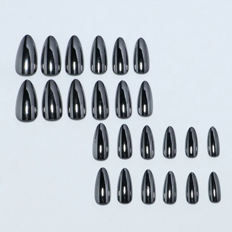 24 Pcs Ready-made Artificial Press on Nails for Women Electroplated Black Decorated False Nails Glued Fake Nails Set Prosthetic