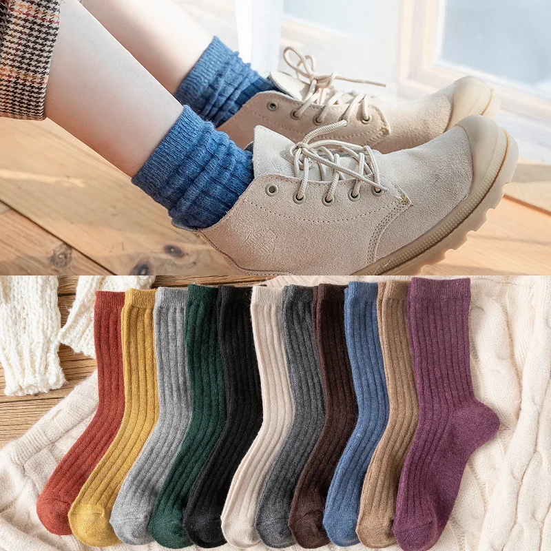 

1 Pair New Arrival Winter Thick Warm Wool Women Socks Solid Color Casual Socks Happy Funny socks Retro Mid-tube Socks Boots Sock