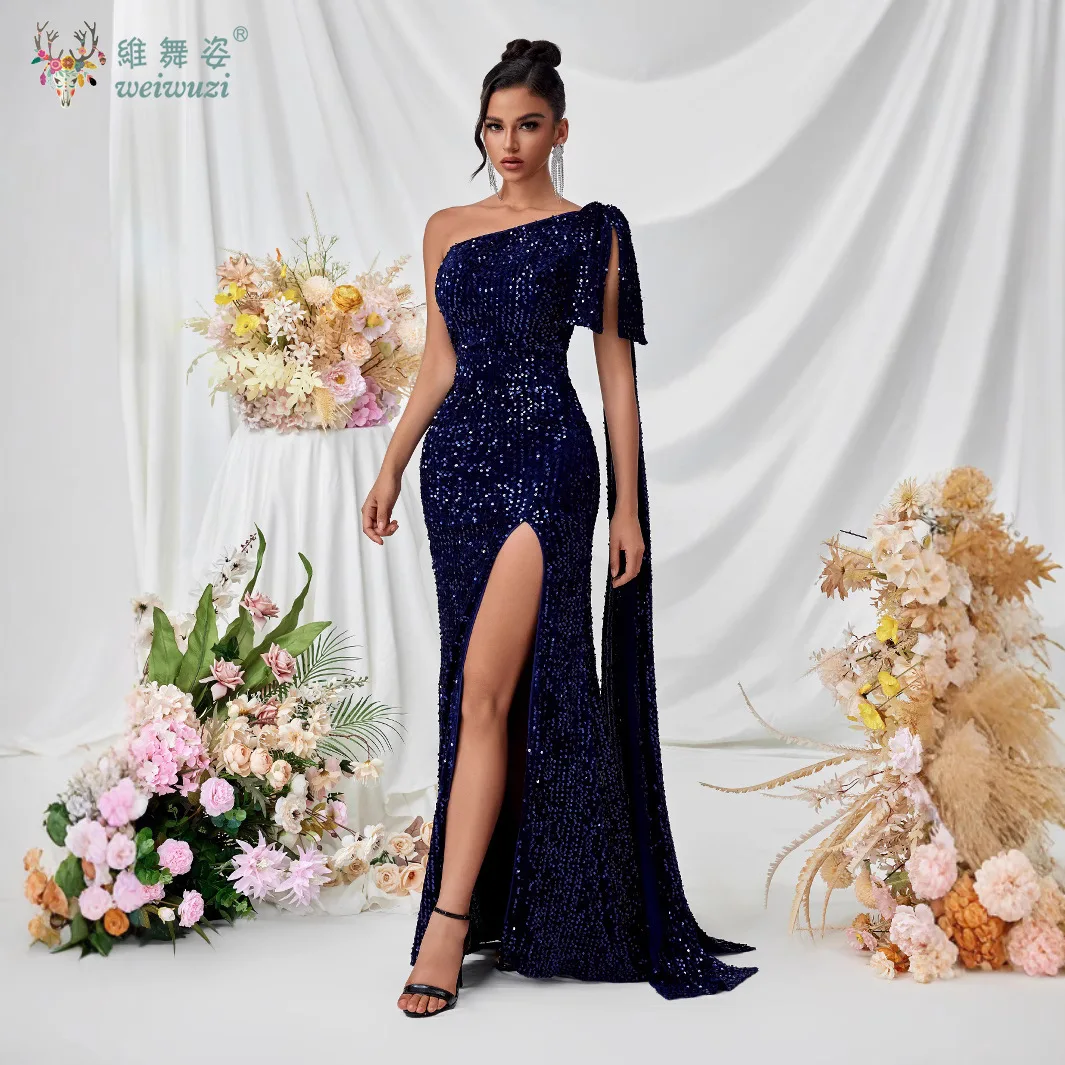 Elegante e lindo cor sólida gola inclinada ombro único cintura cauda de peixe saia alta fenda lantejoulas vestido de noite