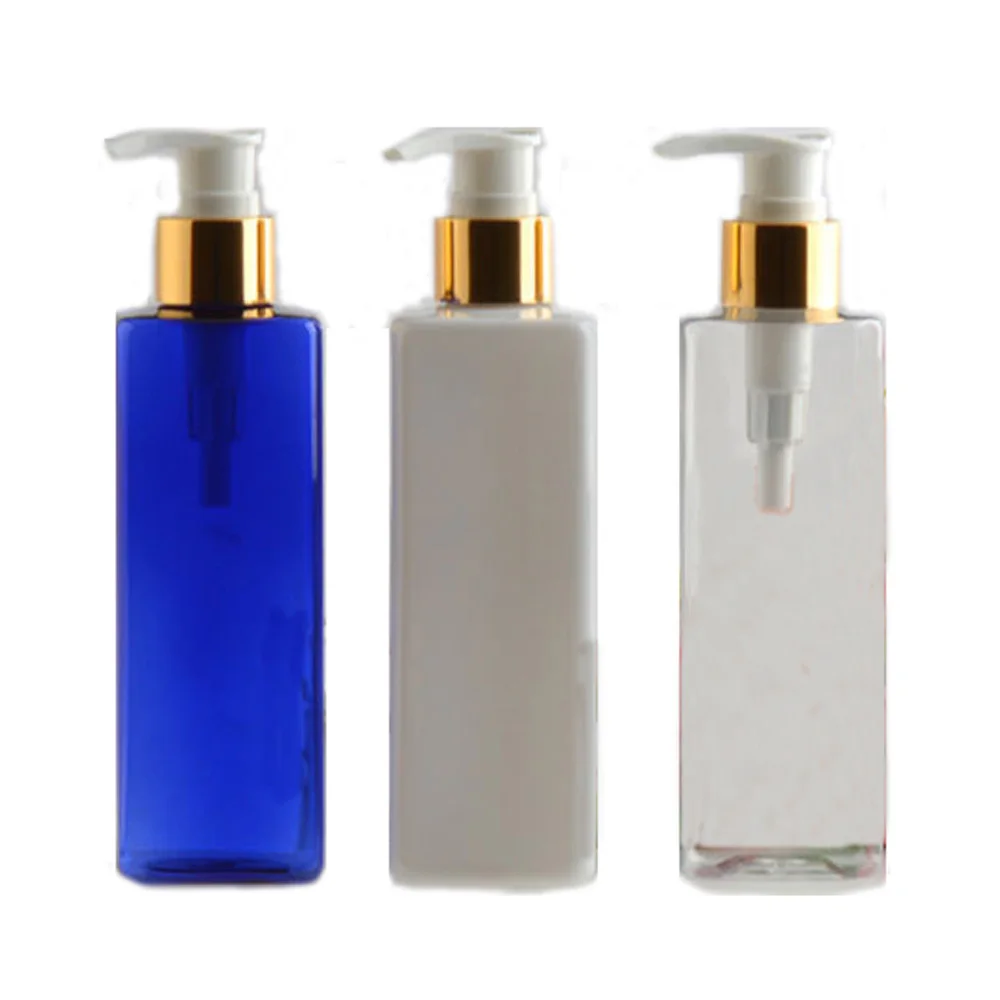 

250ml White&Blue&Transparency Color Square Refillable Squeeze Portable PET plastic lotion bottle with gold color pump sprayer