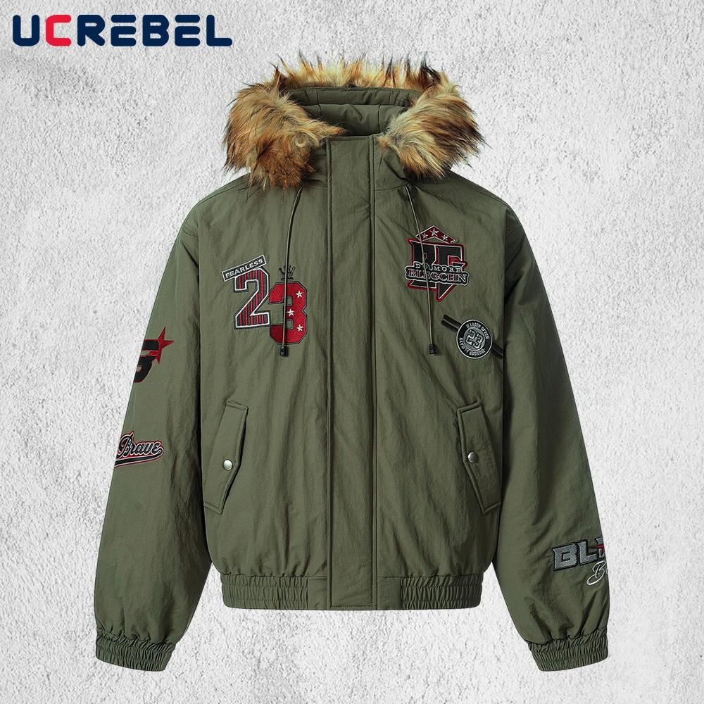 Letter Embroidery Hooded Padded Jacket Mens Winter Streetwear Thick Fur Collar Loose Long Sleeve Outerwear Man