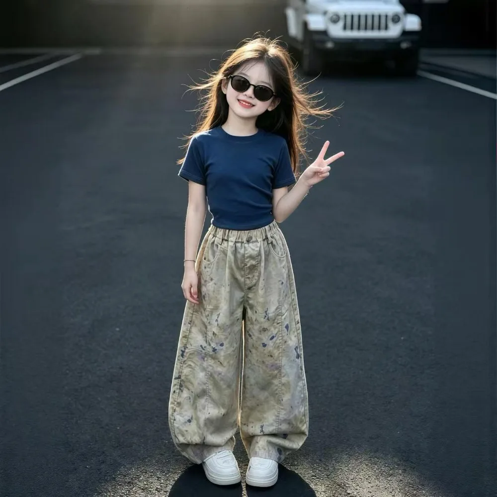 2026 Summer Girls 2Pcs Outfit Unique Design Loose Thin Short Sleeve Top  Colorful Curved Wide Leg Pants Trendy Two Piece Set