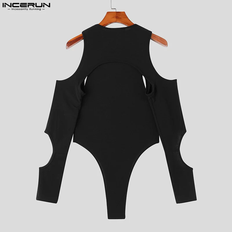 INCERUN 2023 Men Bodysuits Solid Color O-neck Long Sleeve Hollow Out Streetwear Rompers T Shirts Fitness Fashion Men Bodysuit