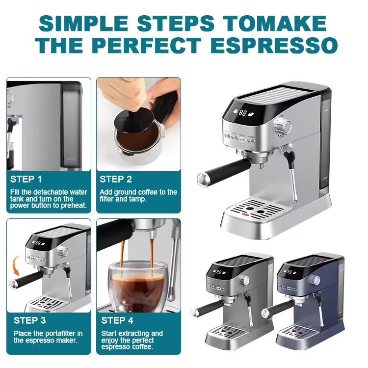 ماكينة اسبريسو نصف أوتوماتيكية - ماكينة صنع قهوة احترافية من الفولاذ المقاوم للصدأ (خزان مياه 1.2 لتر، ضغط 15 بار، فلتر بورتافلتر تجاري)