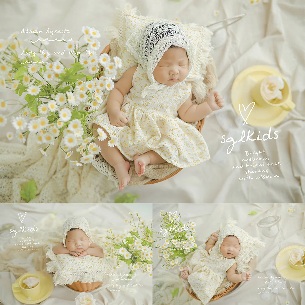 Newborn Girls Clothes Pretty Floral Dress Hat Lace Headscarf Newborn Photography Outfits Pillow Background Blanket Studio Props