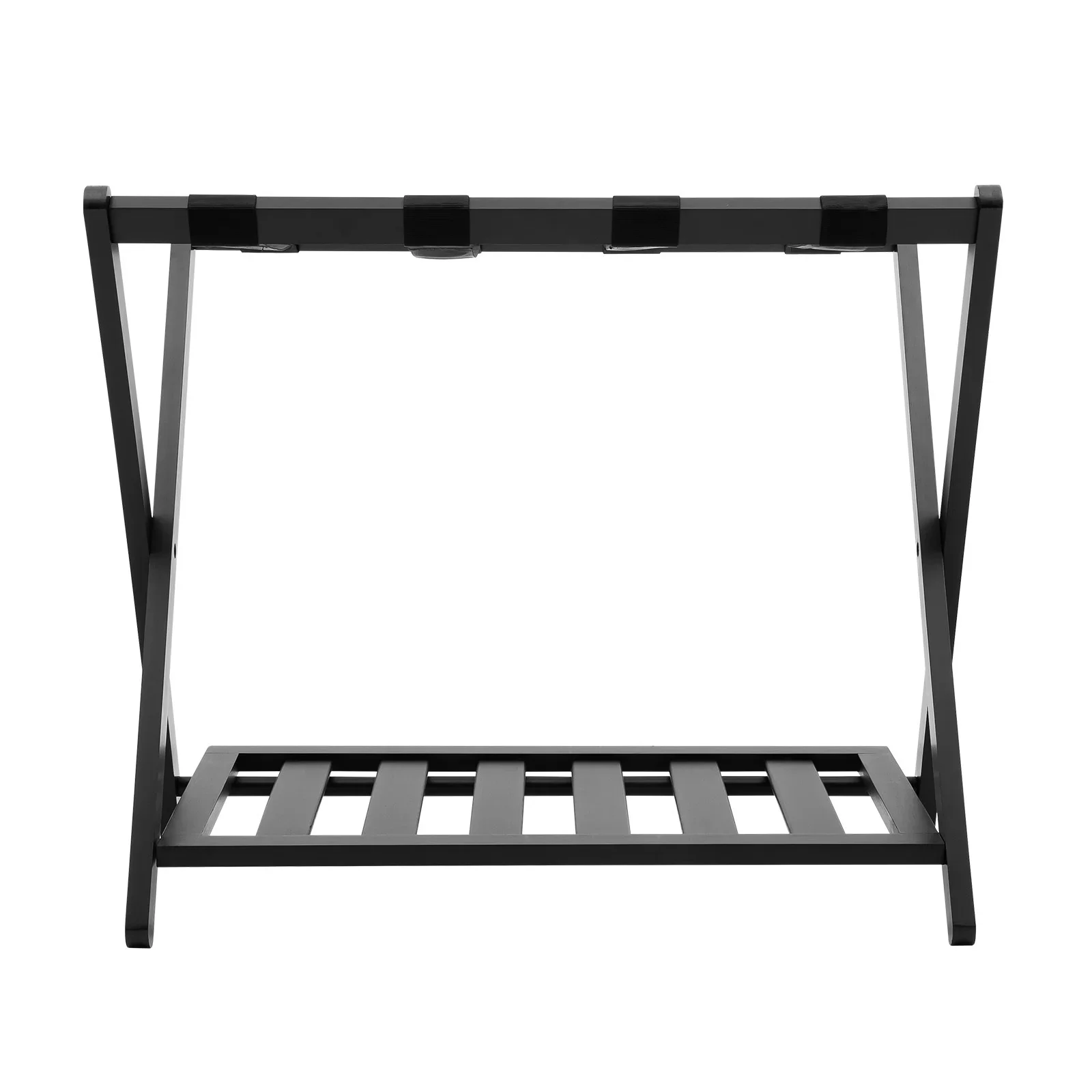 رف تخزين الأمتعة المزدوج رف أمتعة أسود قابل للطي مع رف منظم أحذية السفر وحامل من الخيزران