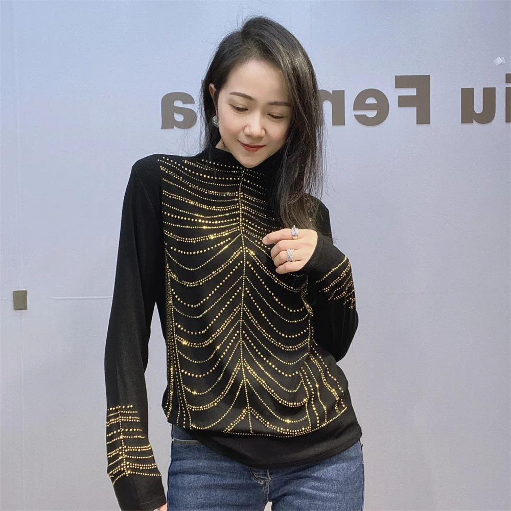 

Роскошные женские рубашки с полуворотником и бриллиантами, расшитые бисером, футболка в рубчик со стразами, пуловеры с кристаллами, трикотажные топы с длинными рукавами