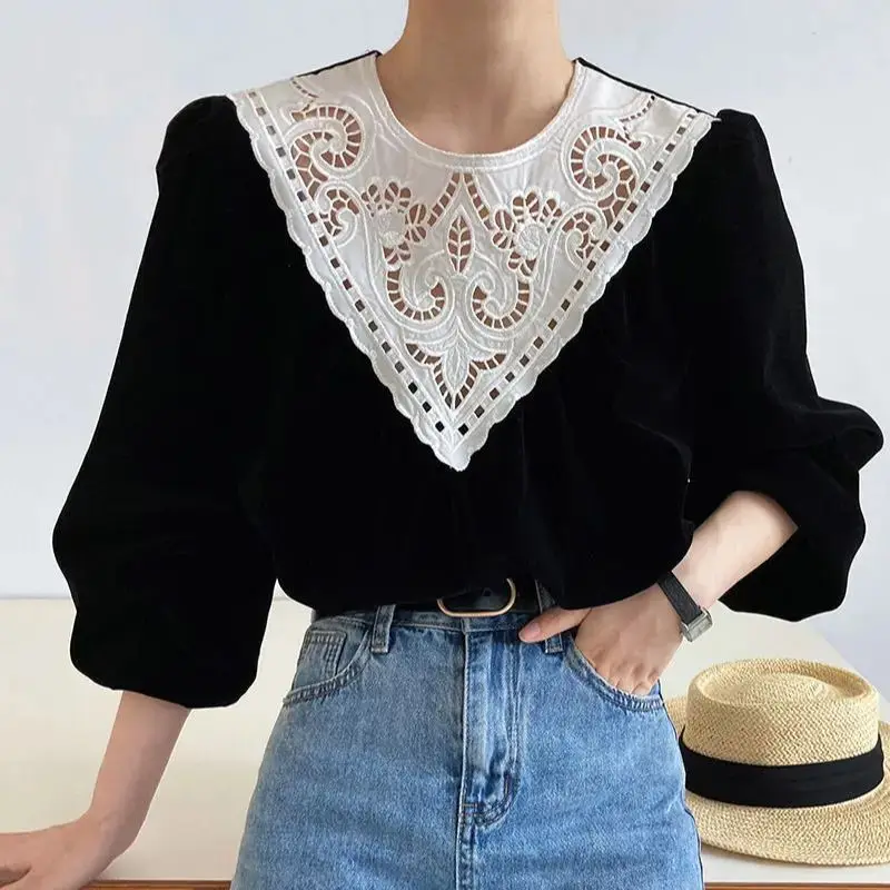 

Sense Of Design Contrast Color Fashion Puff Sleeve Blouse Women Zipper Lace Patchwork Elegant Pullovers French Style All-Match