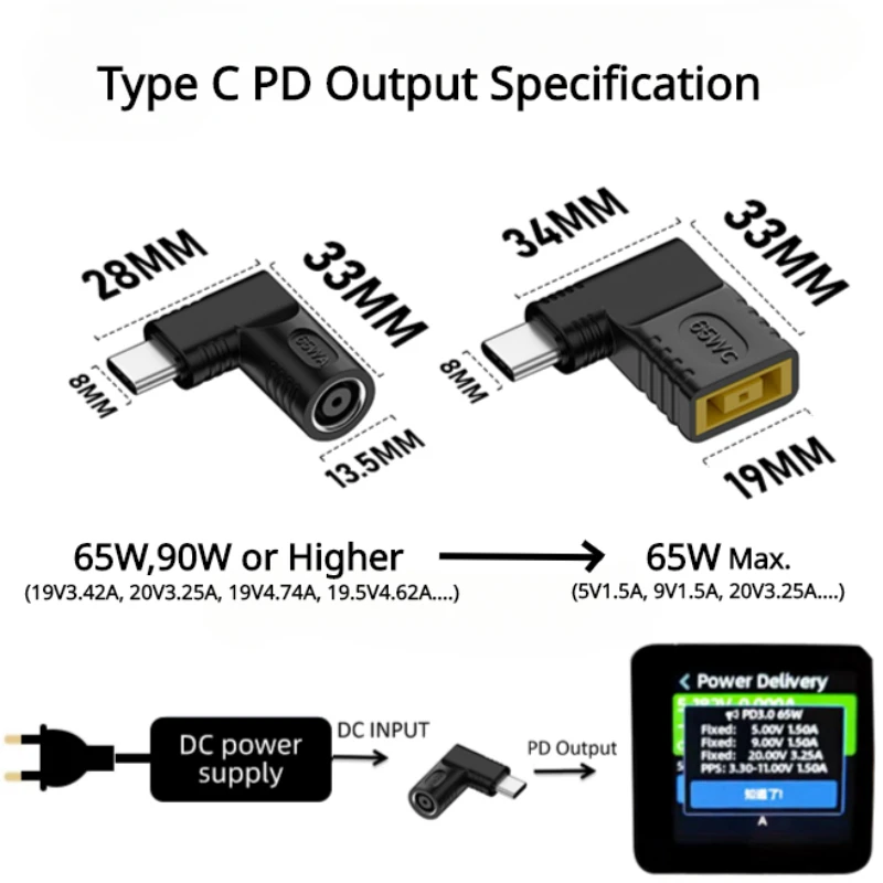 Adaptateur d'alimentation 65W DC vers USB C PD, convertisseur 5.5X2.5 7.4X5.0 4.5X3.0mm, chargeur d'ordinateur portable vers connecteur de type C pour Xiaomi Samsung