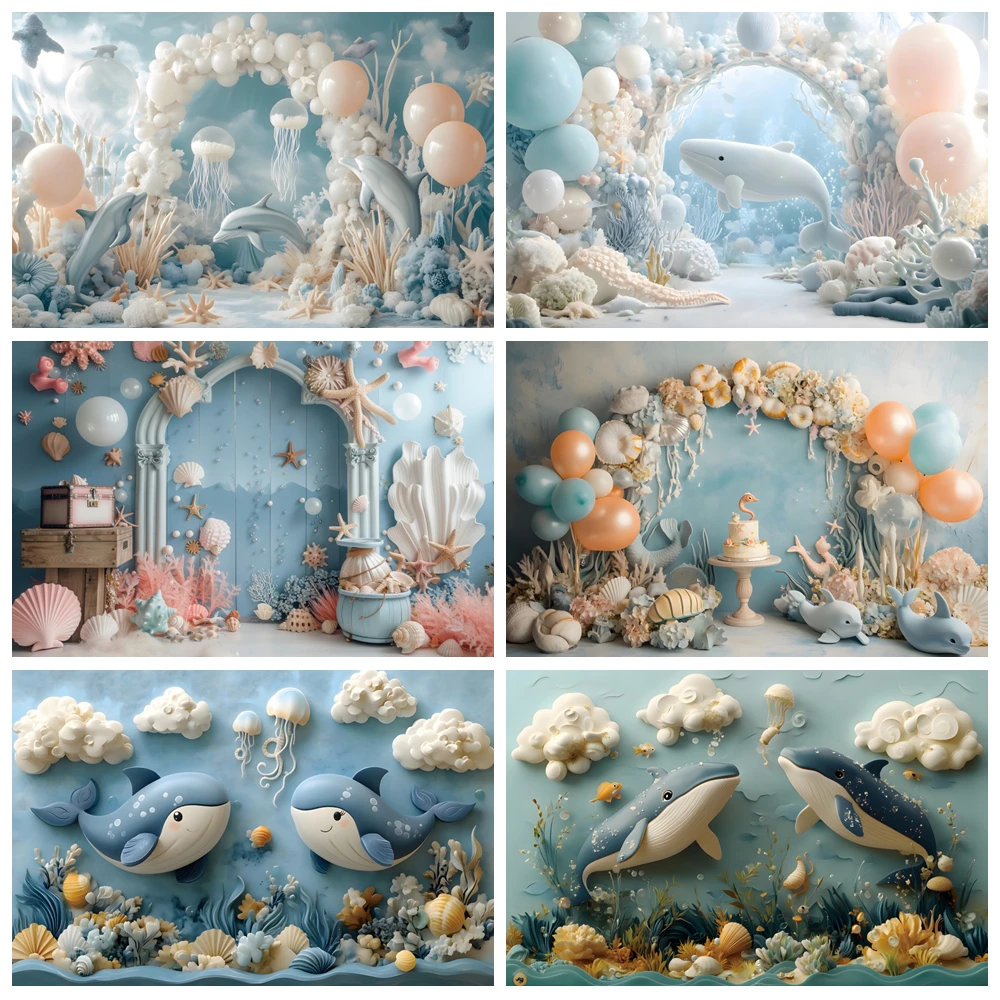 

Fantasy Underwater World Photography Backdrop 3D Balloon Whale Jellyfish Sea Princess Baby Birthday Party Photo Background Decor