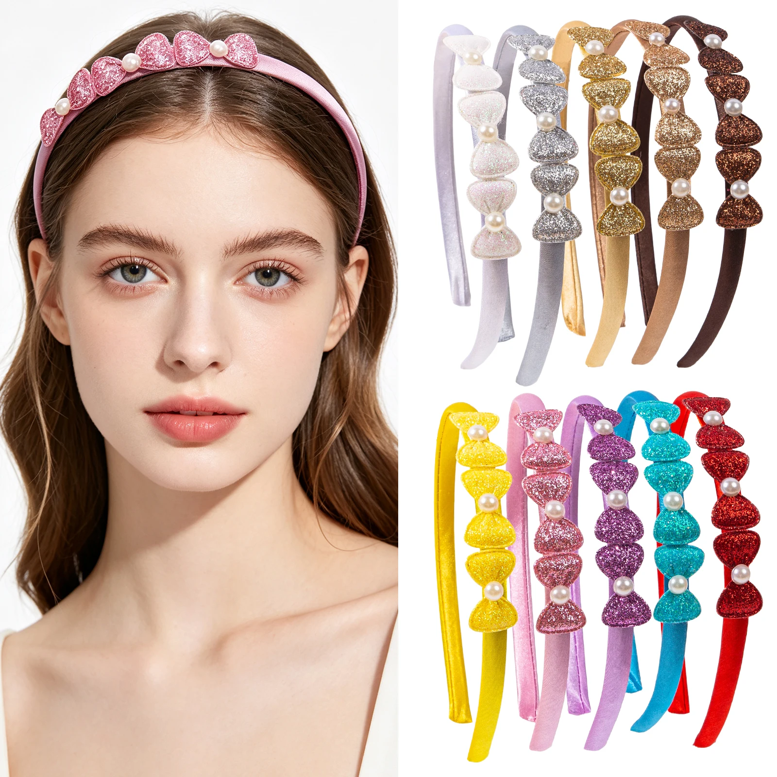 5/10pcs Sparkling Bow Pearl Headband Women's sequins Heart shaped Bow Hair Hoop Daily Party Hair Accessories