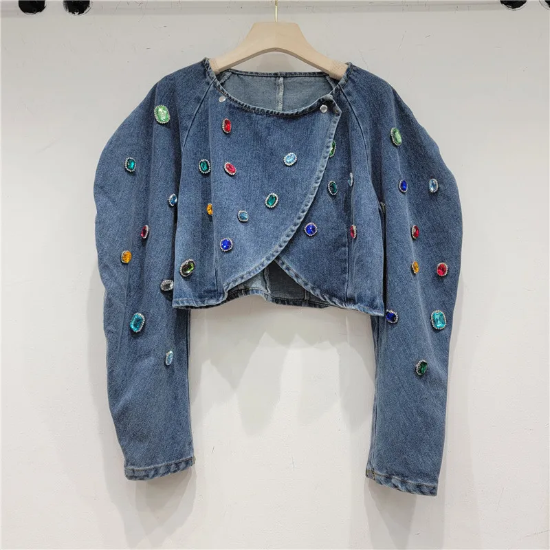 Spring New Manual Beading Diamond Blue Denim Jacket Round Collar Puff Sleeve Irregular Single Button Short Jeans Jacket Female