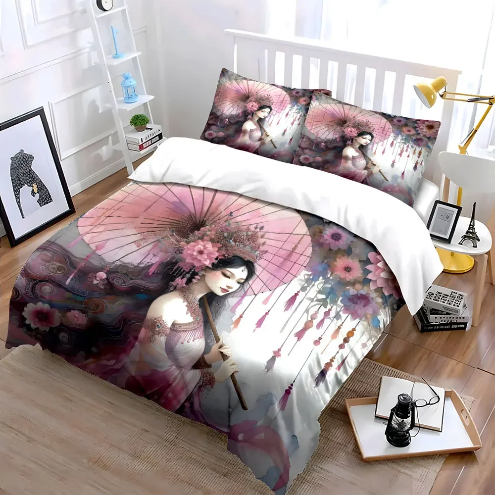 Traditional Chinese Goddess print Bedding Set,Watercolor Style Woman with Pink Umbrella&Flowers Print Duvet Cover+2 Pillowcases