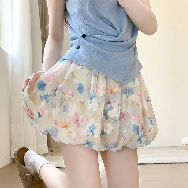 Bubble Skirt with Vibrant Floral Print, High Waist Puff Hem Mini Skirt, Slimming Ice Silk Summer Skirt 2026