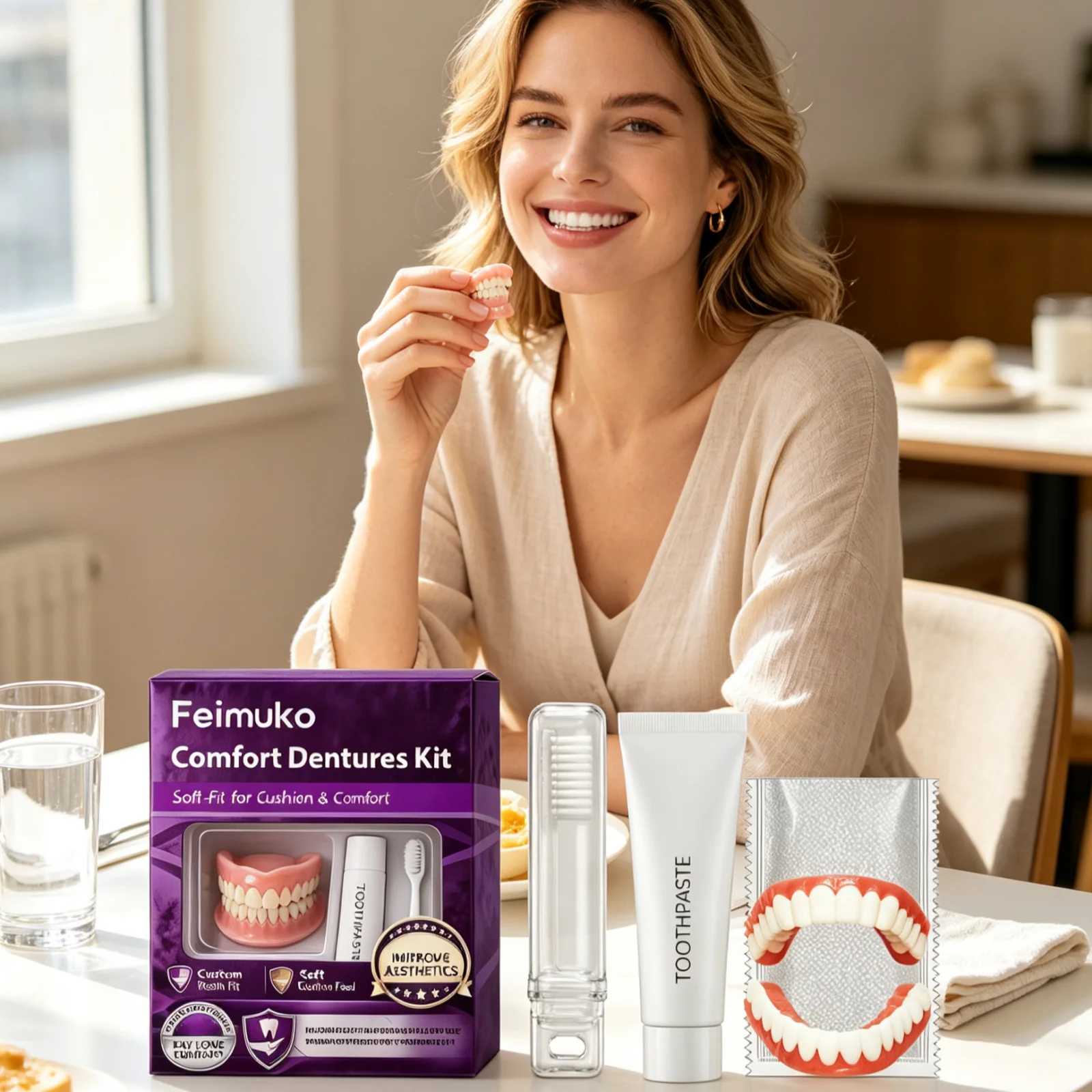 Soft Silicone Full Set False Teeth Upper Lower Dentures Reducing Daily Shifting Enhancing Facial Harmony Comfort Dentures Kit