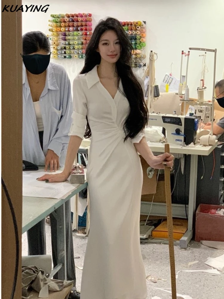 Women Long Sleeve One Piece Korean Fashion Dresses 2025 Elegant Half Open Collar Mermaid X-line Dress Spring Summer Causal