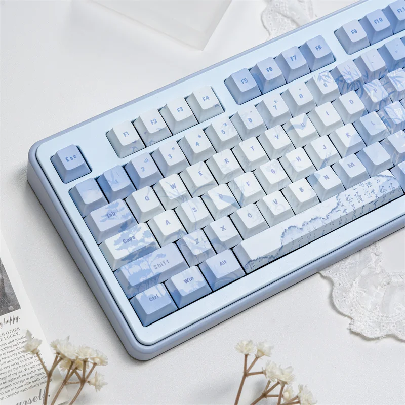 Blue keycap,127 Keys Cherry Profile Dye Sublimation PBT keycaps Chinese Calligraphy Custom Keycaps Set for 60%/65%/75%/80%/100%