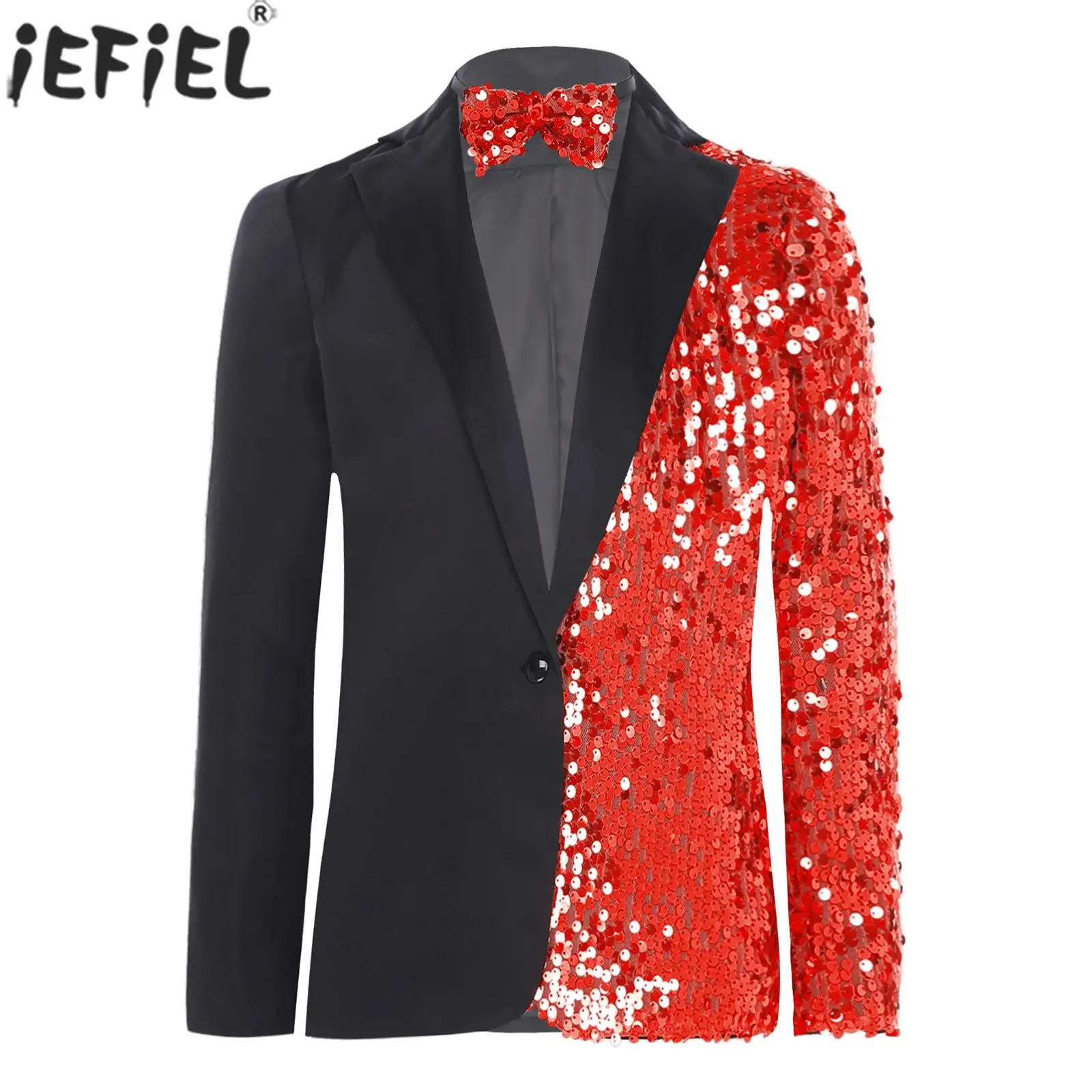 

Teen Boys Birthday Wedding Banquet Party School Show Gentlemen Suit Long Sleeve Lapel Shiny Sequin Blazer Jacket with Bow Tie