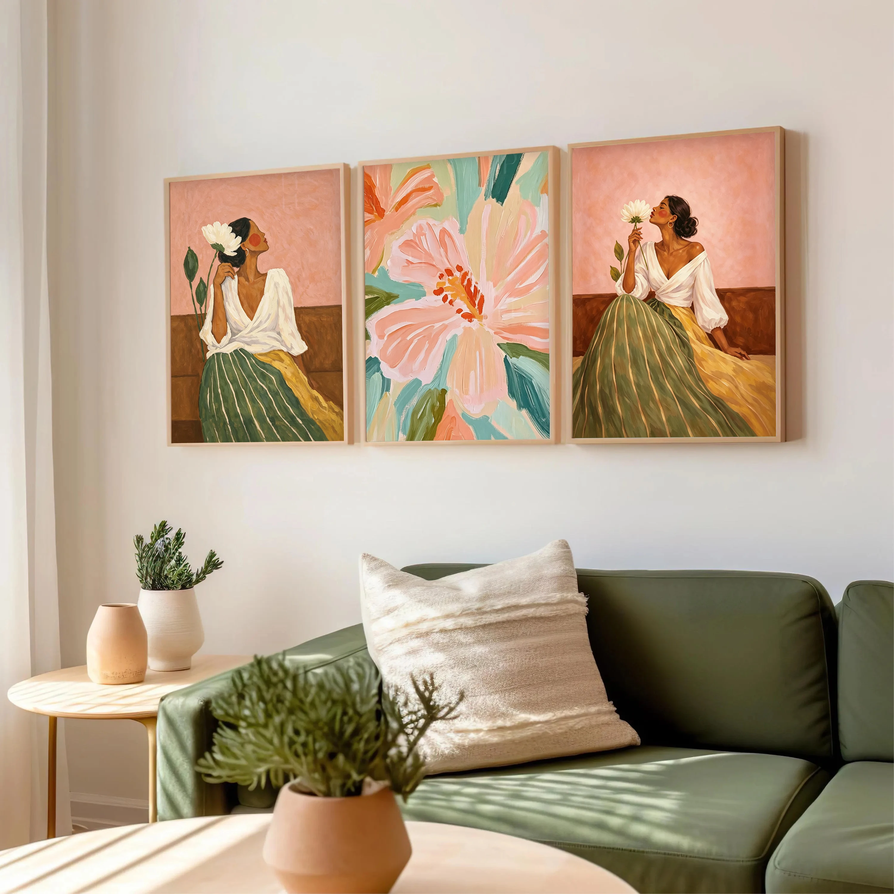 Bohemian Style Female Figure Prints Terracotta-Colored Artistic Posters Natural Floral Canvas Painting Living Room Wall Decor